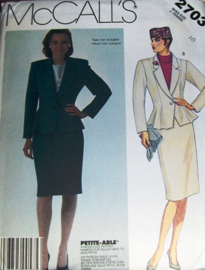 McCall's Sewing Pattern 2703 Womens Misses Classic Suit Jacket and Skirt size 10