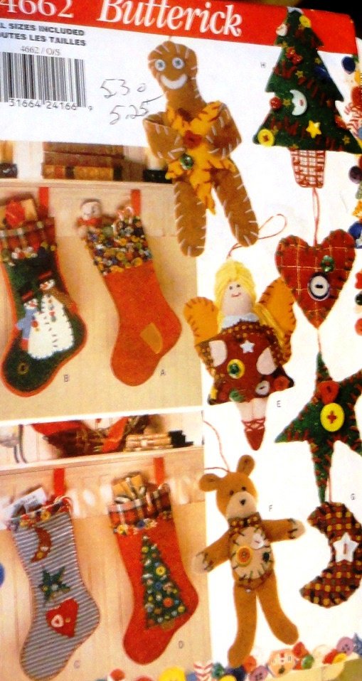 Butterick 4662 Button Ornaments Sewing Pattern Gingerbread Man, Angel, Stockings