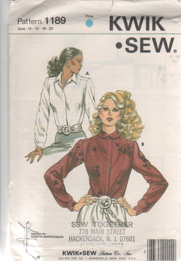Kwik - Sew 1189 Misses' Blouse Shirt Sewing Pattern Size 14-20