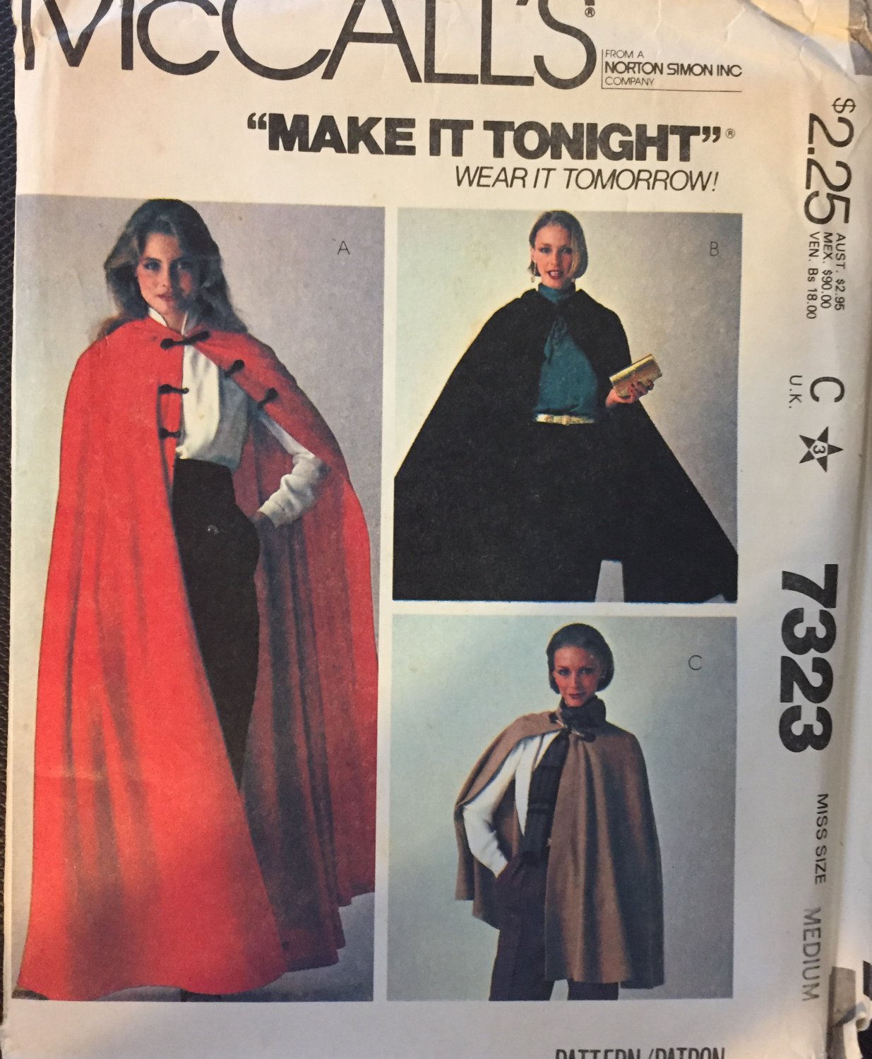 McCall's7323 Short or Long Cape Sewing Pattern Size Medium