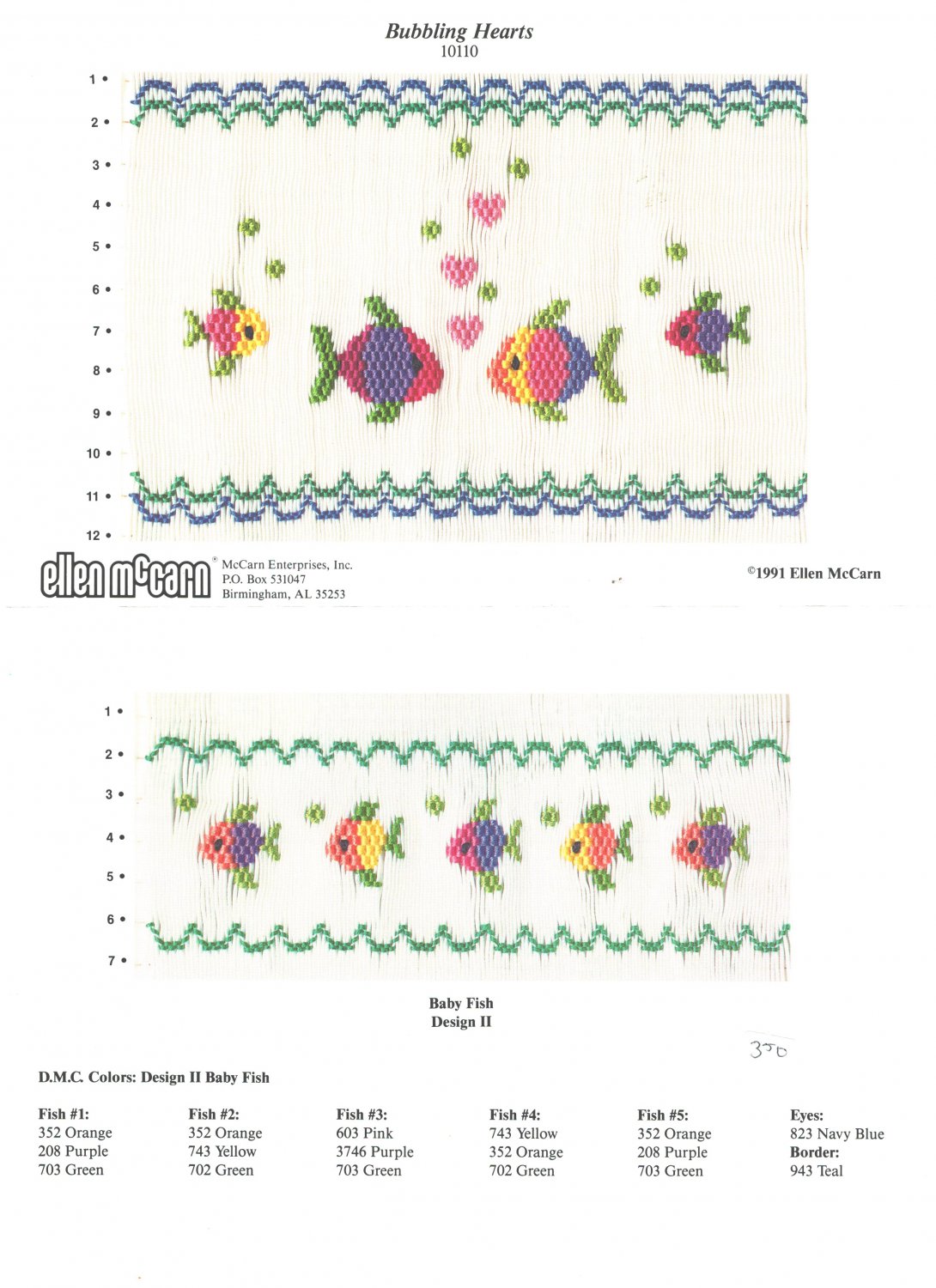 Bubbling Hearts Ellen McCarn Smocking Plate Fish #10110 Sewing Smocking design