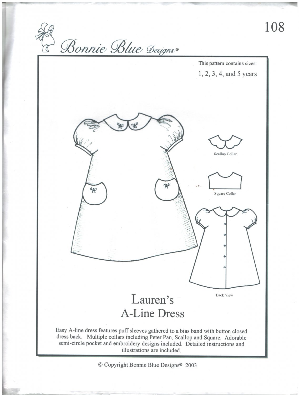 Lauren's A-Line Dress Bonnie Blue Designs 108 Sizes 1-5 years