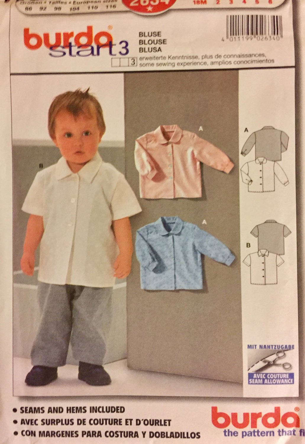 Burda 2634 Vintage Pattern Toddler Shirt or Blouse Size 18 mts, 2,3,4,5,6 UNCUT