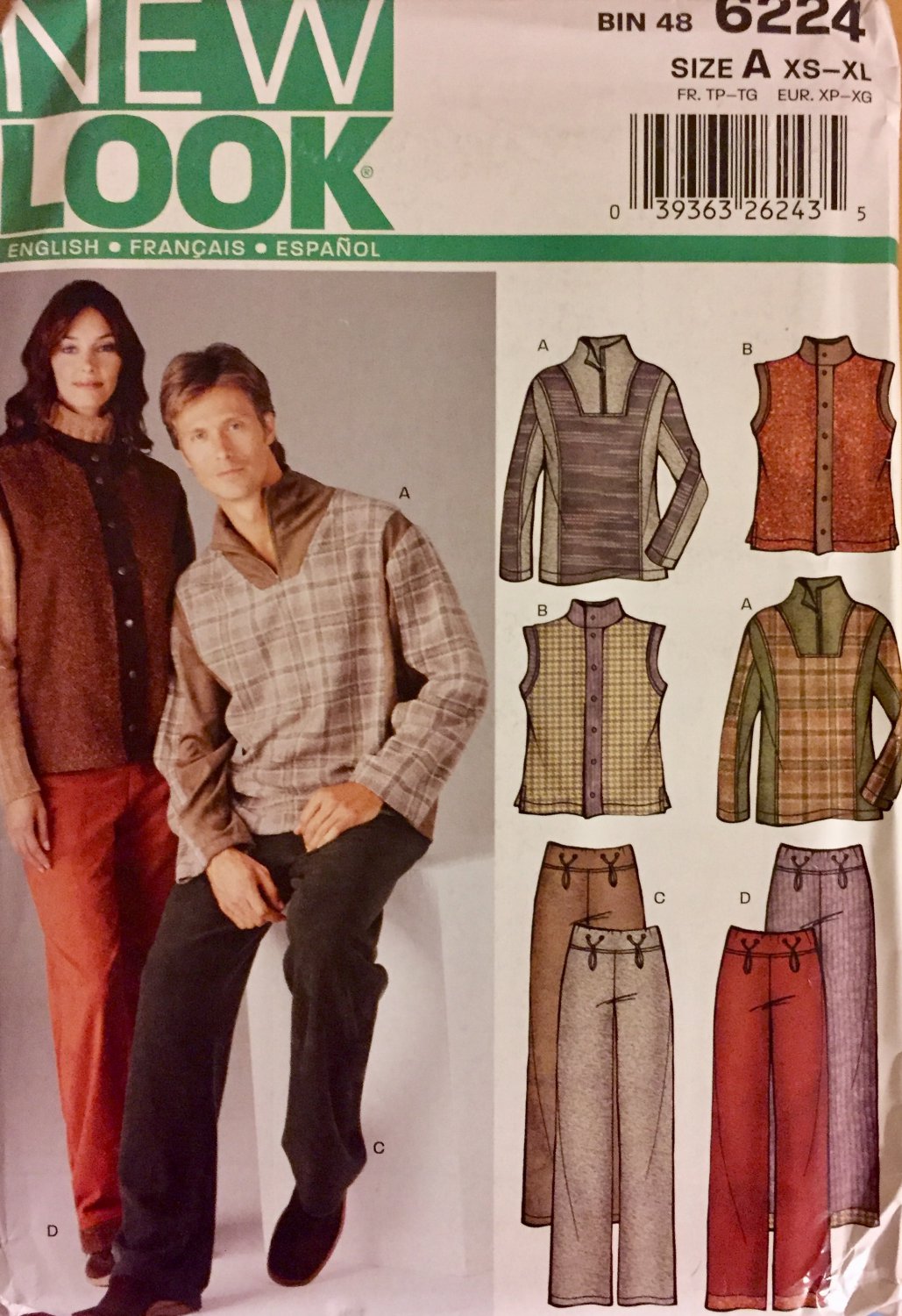 New Look 6224 Vest Slacks and Pullover Top Sewing Pattern size A XS to XL Men or Women