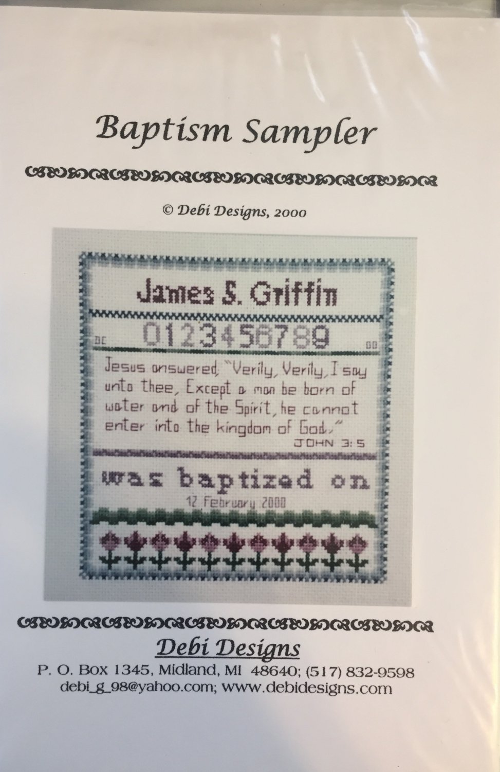 Cross Stitch Baptism sampler chart Debi Designs