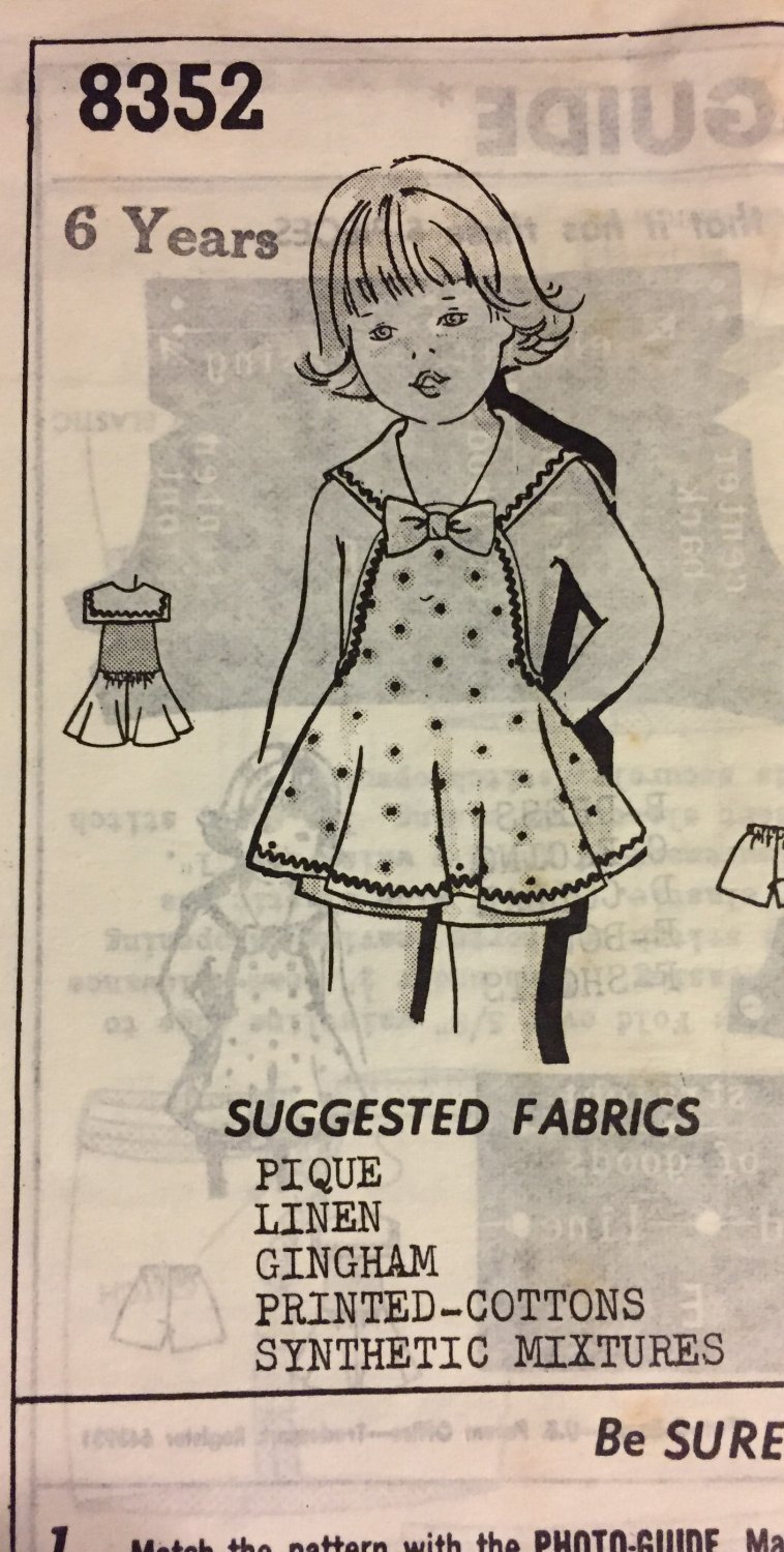 Vintage Mail Order Child's Sailor Sunsuit and Shorts Sewing Pattern 8352 Size 6 years