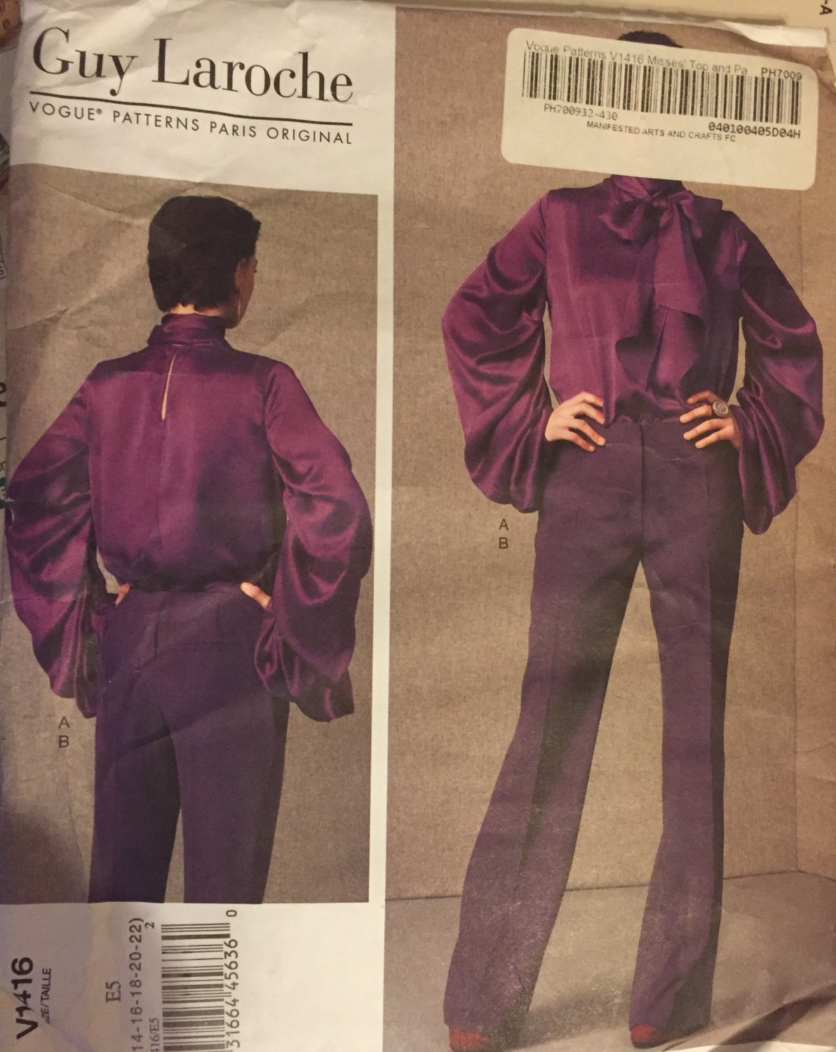 Vogue 1416 Guy Laroche blouse and pants pattern sizes 14 fo 22 Paris Original