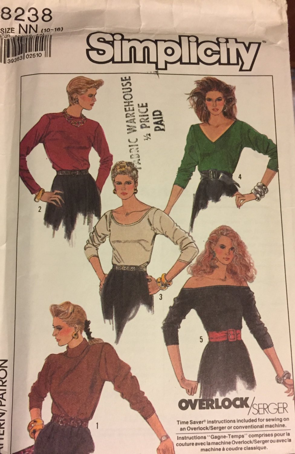 Simplicity 8238 Misses Tops For Stretch Knits only Sewing Pattern size NN 10-16