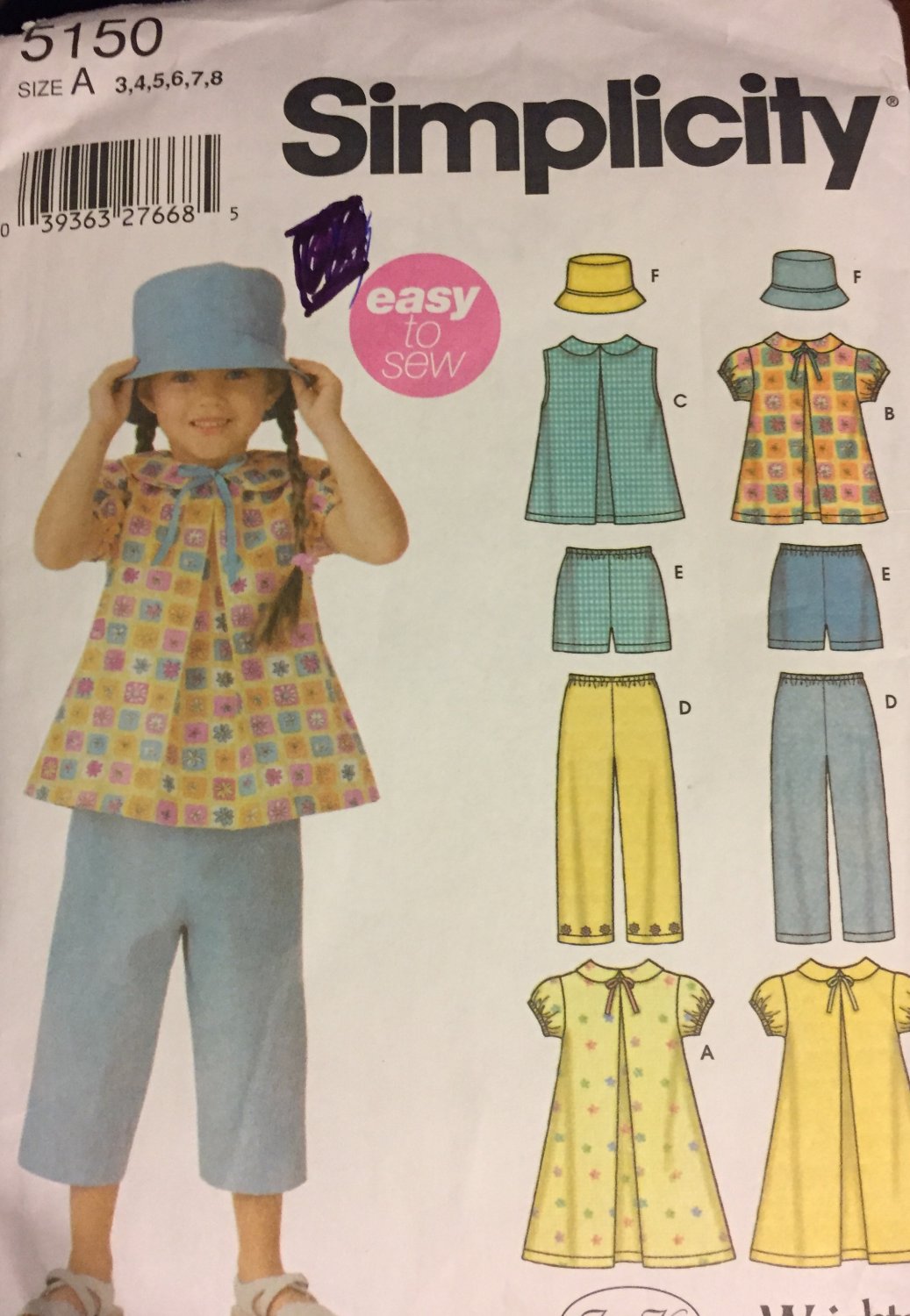 Simplicity 5150 Toddler Child Girl Dress hat pants shorts tops Sewing Pattern Size 3 - 8