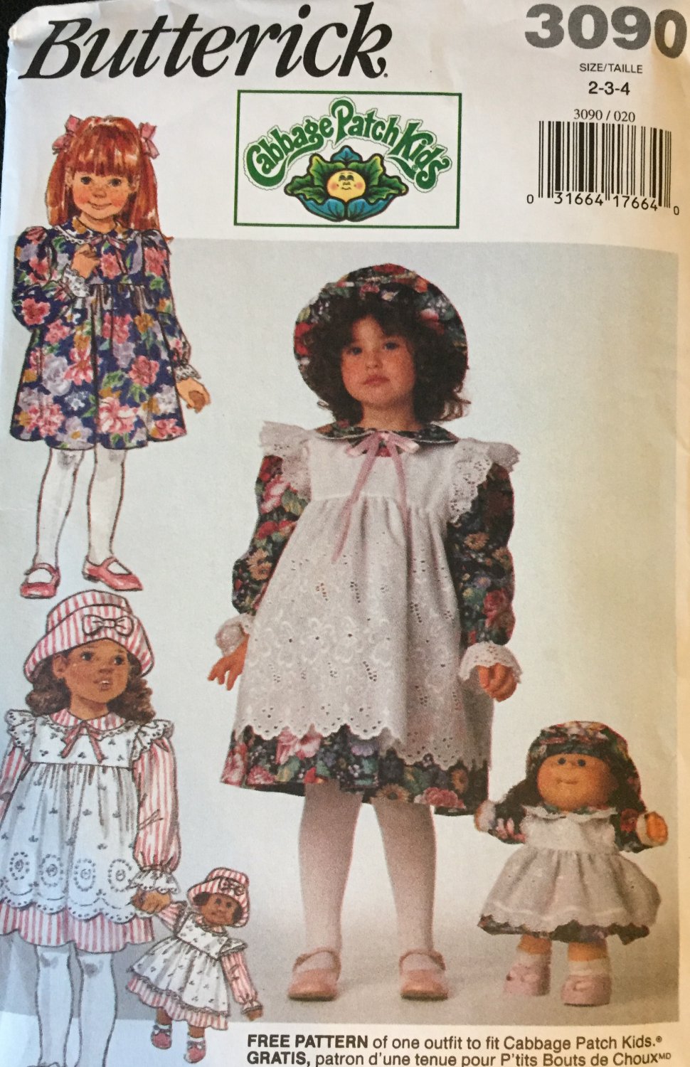 Butterick Sewing Pattern 3090 Girls' Dress, Pinafore, Hat, Doll's Clothes Size: 2-3-4