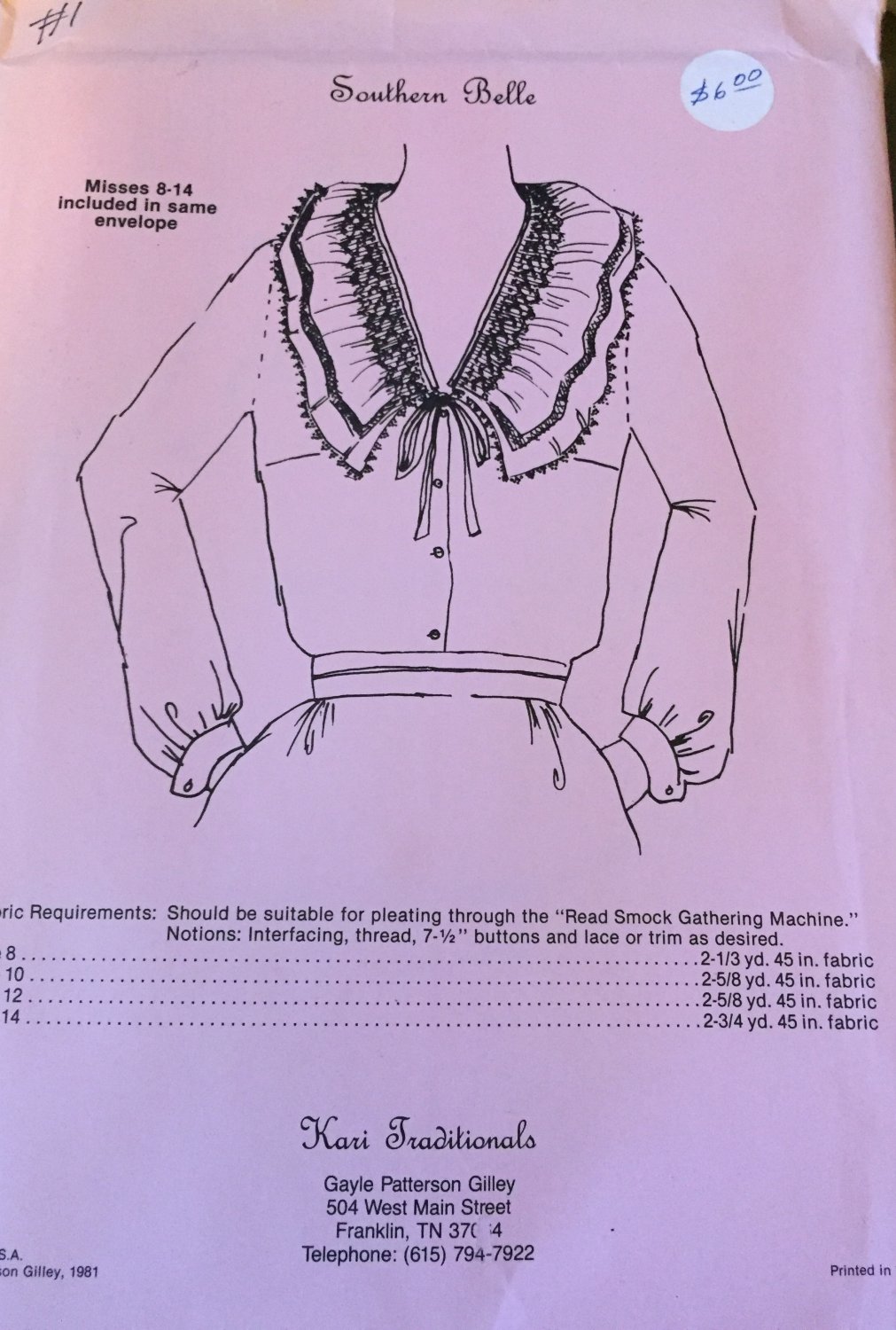 Southern Belle Misses 8-14 Blouse with smocked neckline Kari Traditionals Sewing Pattern