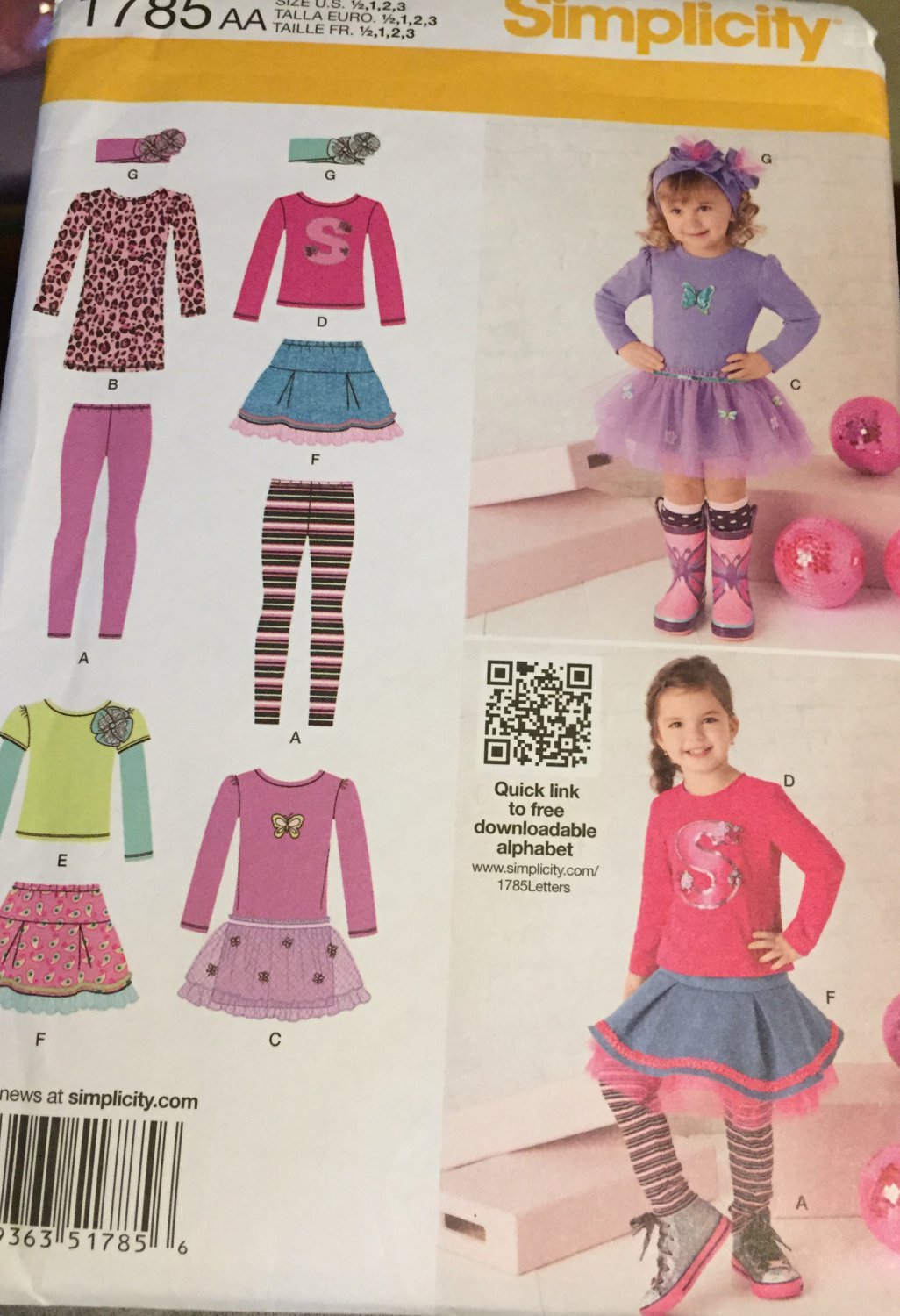 Simplicity Pattern 1785 Girls Sportswear: Skirt and Knit Dress, Top, Leggings Size infant to 3