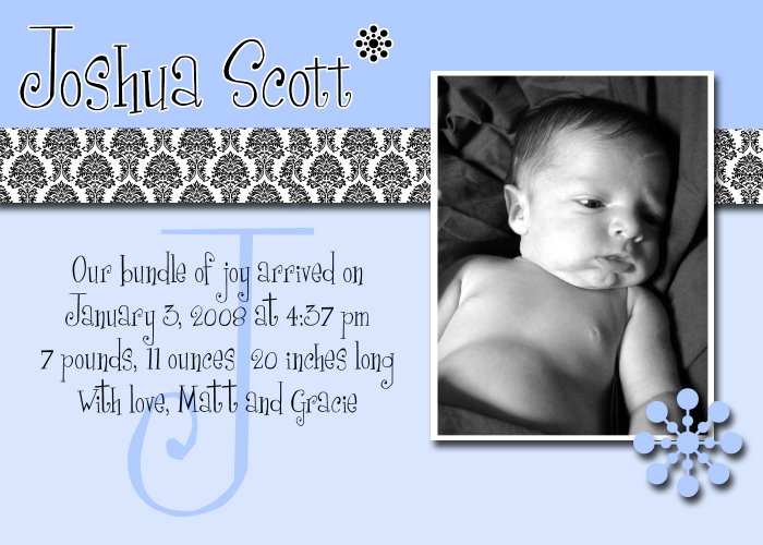 Blue Monogram Boy Photo Birth Announcement