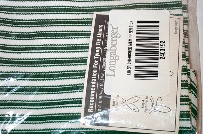 Retired Longaberger Cherished Memories Green Ticking Liner