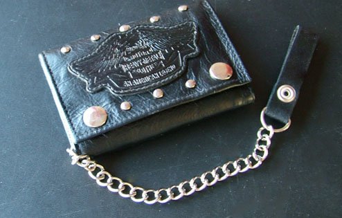 Trifold Black Leather with chain; bikers and truckers