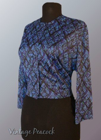 Vintage 40s Blue Abstract Nylon Jersey Bolero Jacket L