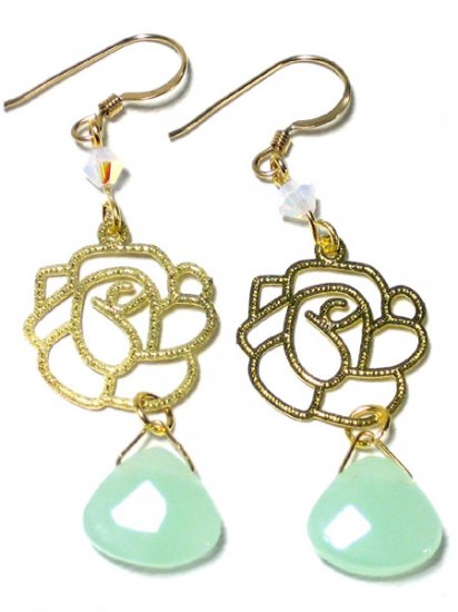Light green faceted chalcedony swarovski rose finding gold dangle earrings