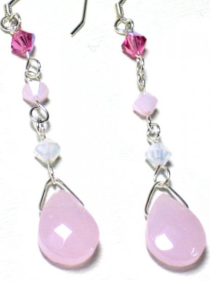 Light Pink Faceted Chalcedony Swarovski Silver Dangle Earrings