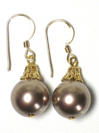 Bronze Swarovski Pearl Gold Dangle Earrings