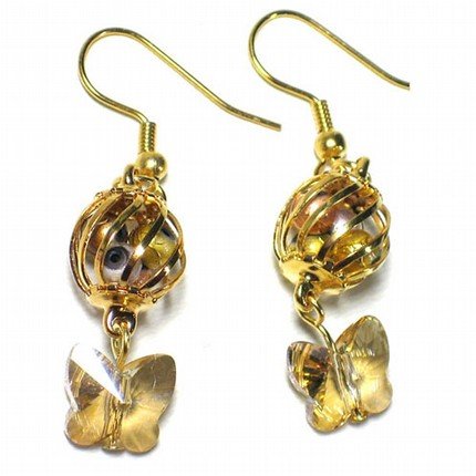Cute Little Cage Holds Treasure Swarovski Butterfly Gold Earrings