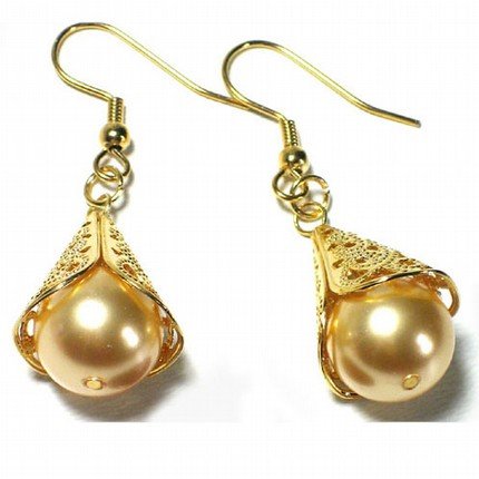Gold Swarovski Pearl Fancy Cone Gold Dangle Earrings