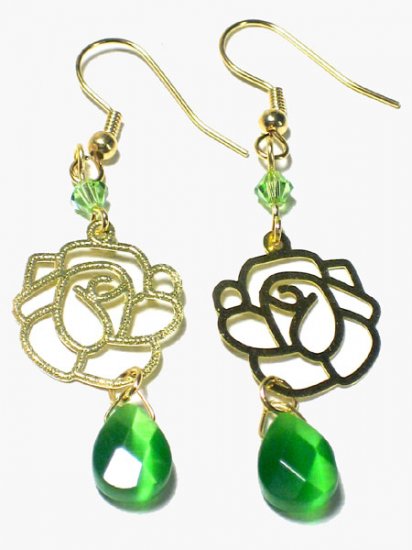 Green Swarovski Cats Eye Rose Gold Dangle Earrings