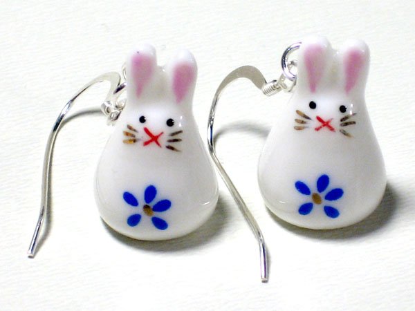 Cute Blue Porcelain Rabbit Dangle Silver Earrings