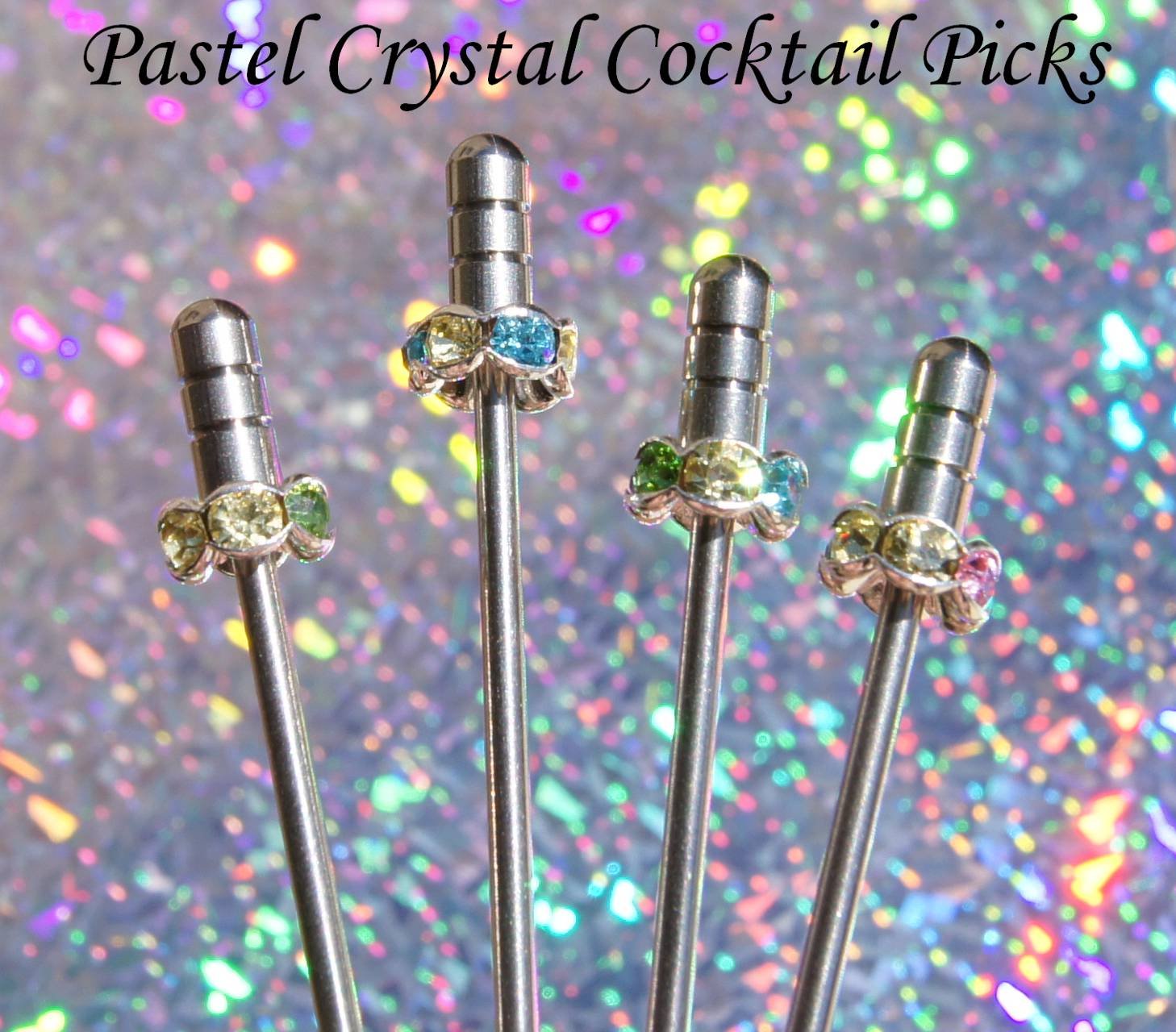 4 Swavorski Crystal Stainless Steel Olive Martini COCKTAIL PICKS Swarovski Pink Blue Green Purple