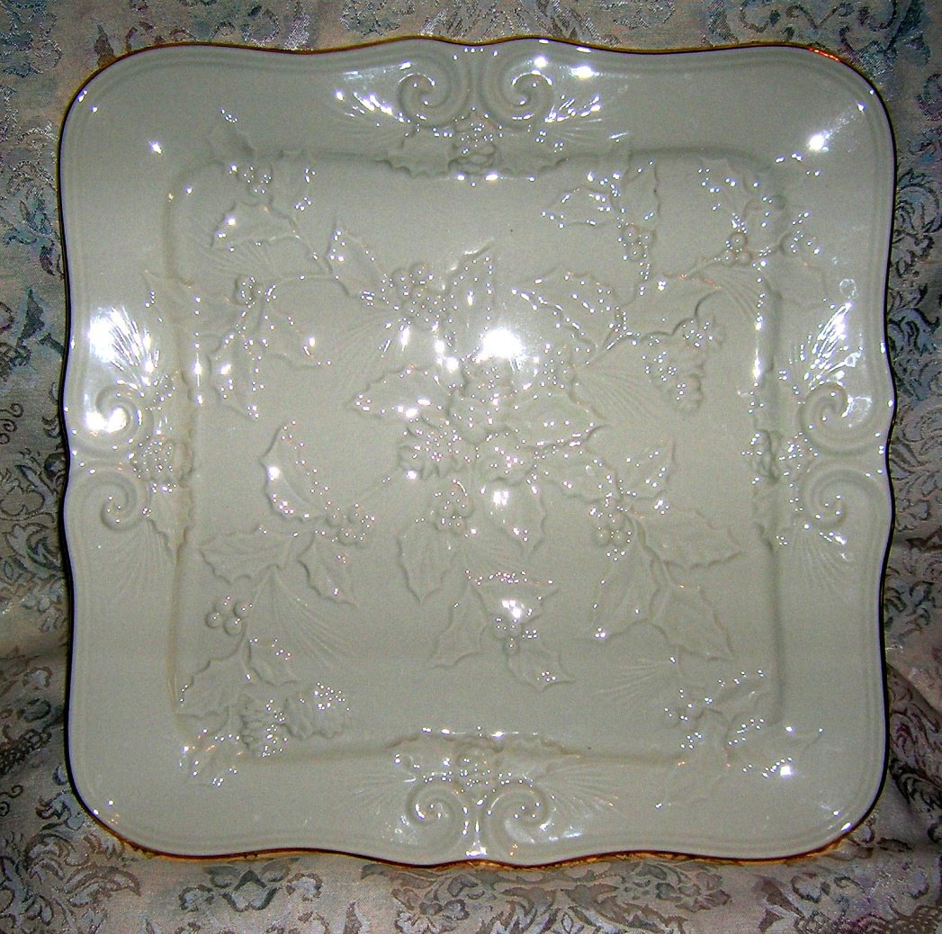 Lenox Winters Imprint Square Serving Tray Platter Dish Gold Trim Holly Leaves Pinecones NEW