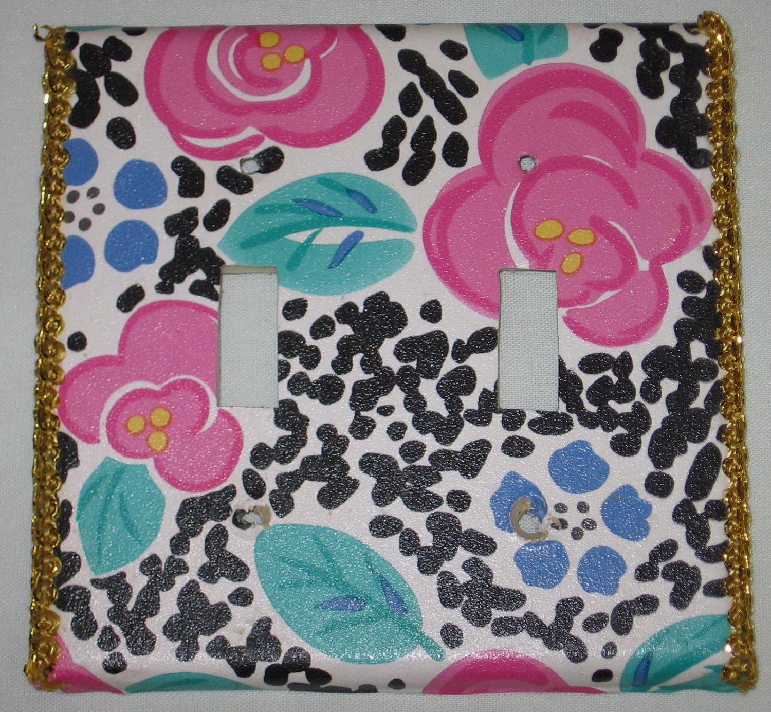 Floral Double Light Switch Wall Cover Plate with Gold Rick Rack Flowers Handmade