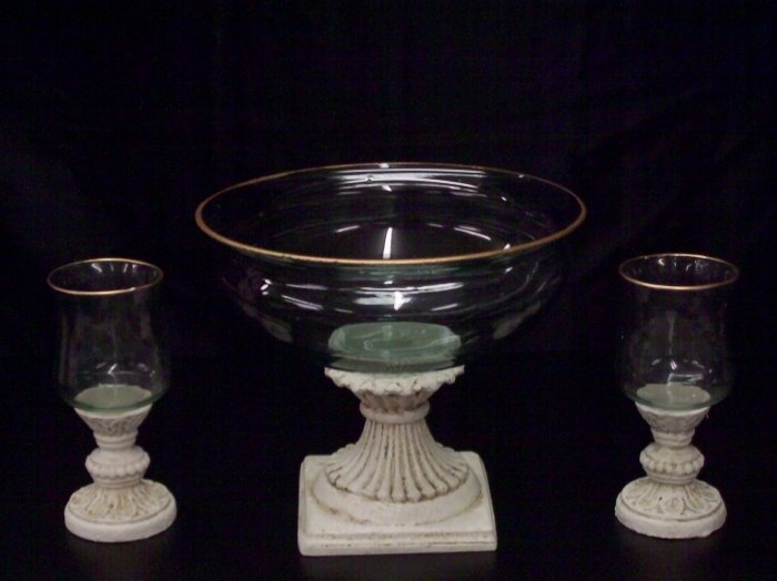 One Beautiful Gold Edged Compote and Two Candleholders