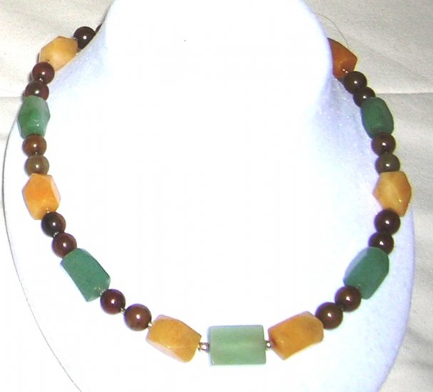 peach and green aventurin with brown and green jade necklace