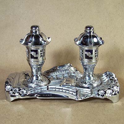 Nikko Vintage Chrome Asian Pagoda Salt & Pepper Shakers w/Tray