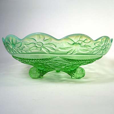Northwood RUFFLES & RINGS Green & Blue Opalescent Glass Bowl