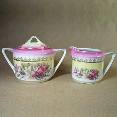 Antique German Germany Pink Floral Sugar Bowl & Creamer