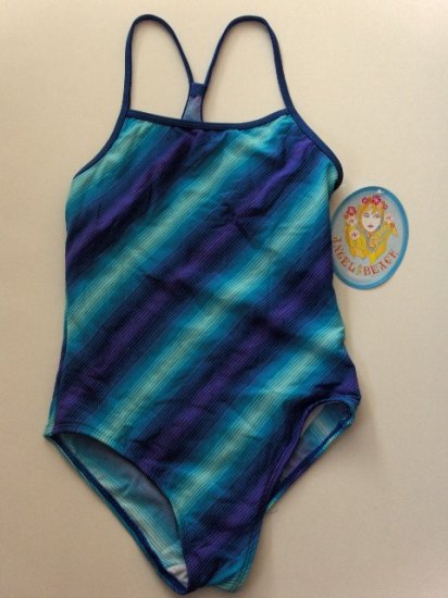 new girls size 12 Angel Beach one piece blue multi striped swimsuit