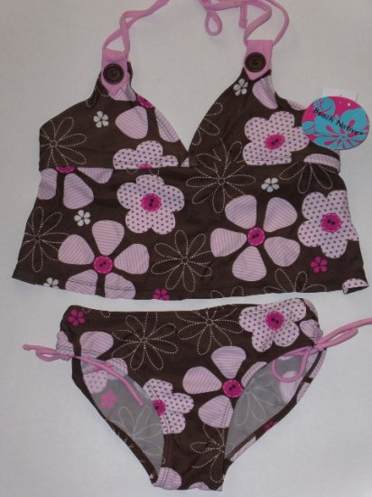 New Girls size 12 Beach Native two piece brown floral swimsuit