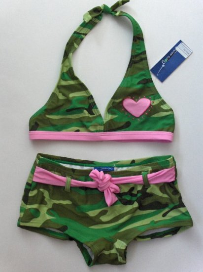 New Girls Green Dog camo two piece bikini swimsuit size 12