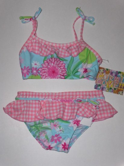 New Girls Coral Cove two piece swimsuit floral bikini with checks size 6