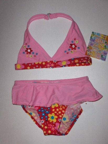 New Girls Coral Cove two piece swimsuit bikini pink with floral print size 6X