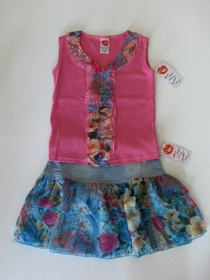 New Lipstik Bright pink sleeveless top ruffled jean skirt size girls 4