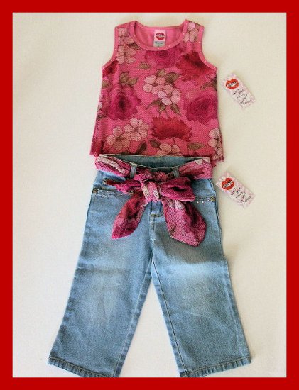 New Lipstik floral pink tank top belted jean capris girls size 4