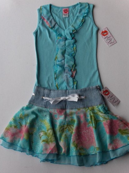 New Lipstik aqua blue tank top jean floral skirt girls size 8