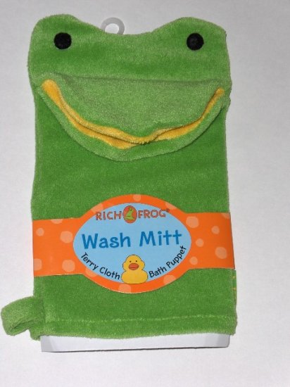 New Rich Frog Wash Mitt Terry Cloth Bath Puppet Green Frog