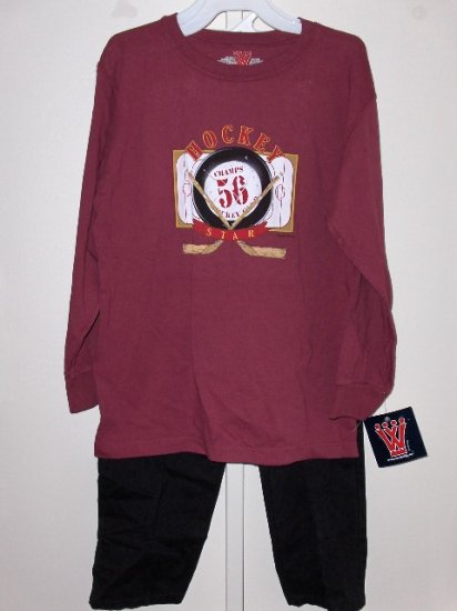 New boys size M Wes and Willy Hockey Star long sleeve tee black cotton pull on pants