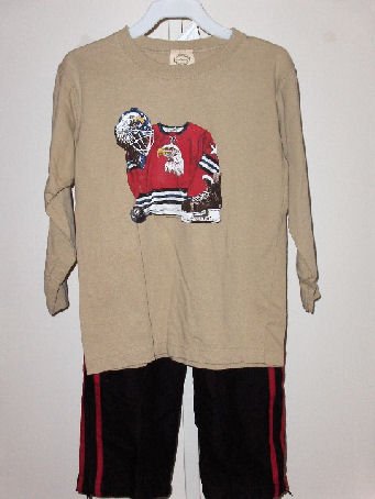New Wes and Willy LS tan tee with Hockey Eagle design Black with stripes Athletic Pants Boys size 5