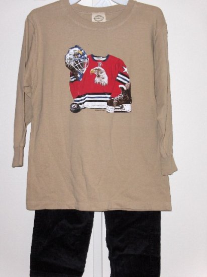 New Wes and Willy LS tan tee with Hockey Eagle design Black Cord Pants boys size 6