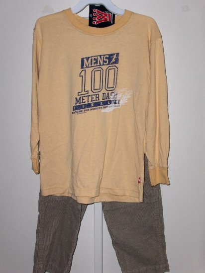 New Wes and Willy 100 Meter Dash LS Yellow tee Moss cord pants boys size 7