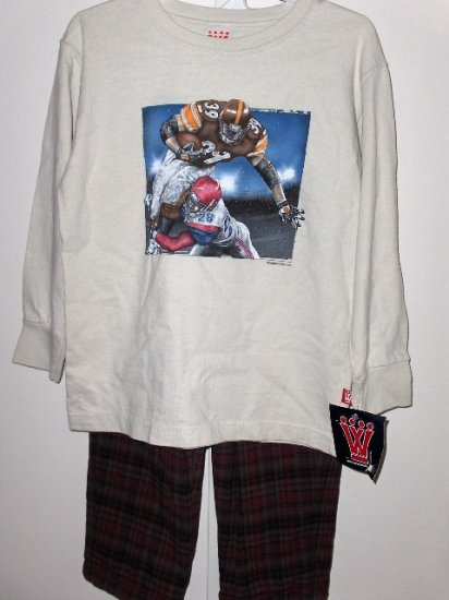 New Wes and Willy LS Light tan Football Tee Brown Plaid Flannel Pants boys size 5