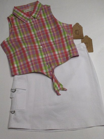 New K.C. Parker by Hartstrings girls plaid tie blouse and white cargo skirt set size 14